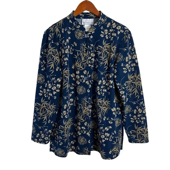 Susan Graver Button Up Top Size Large Blue and Tan Floral Mock Neck Long Sleeves - Picture 1 of 5